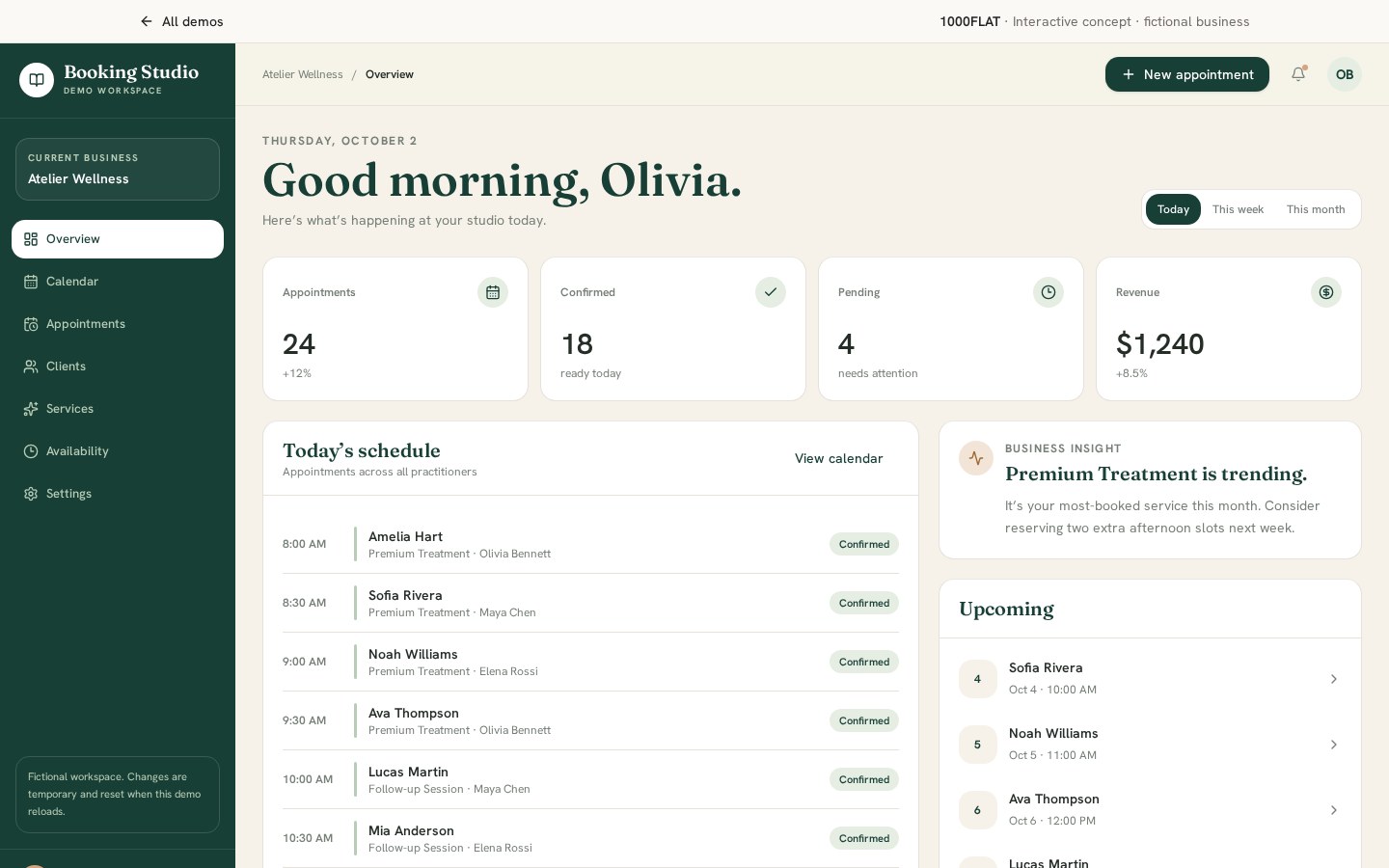 Booking Studio — screenshot of the live demo