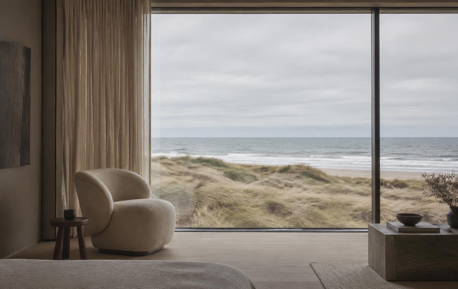 Bouclé armchair in front of a floor-to-ceiling window overlooking dunes and the sea