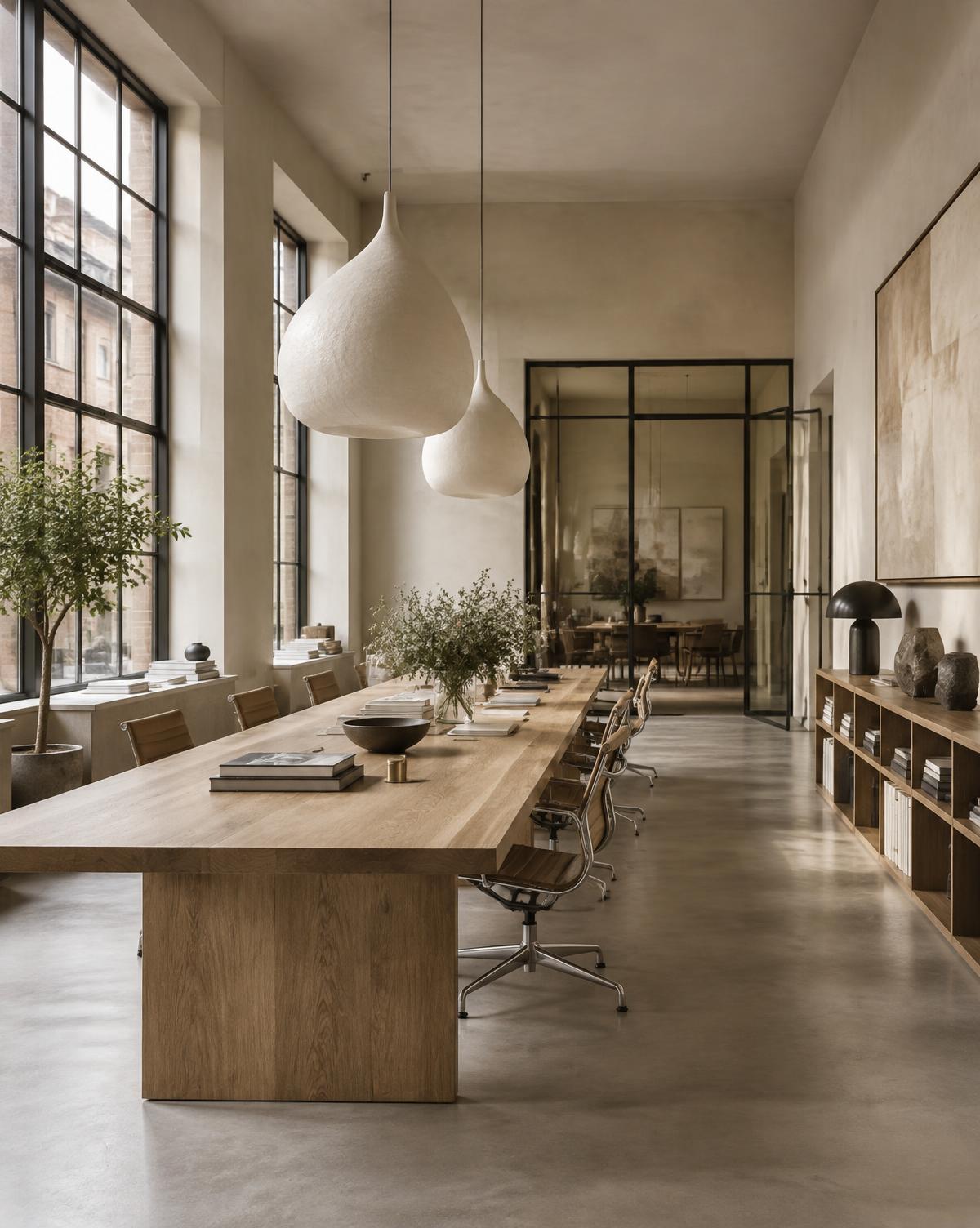 Long oak worktable under sculptural paper pendants in a high-ceilinged office