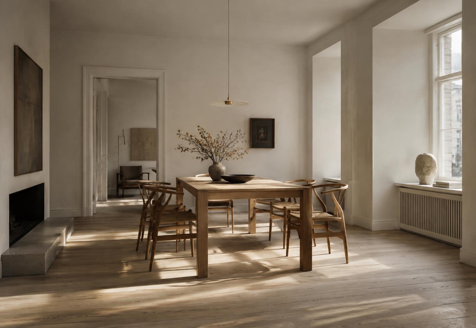 Dining room with an oak table, wishbone chairs and long shadows from tall windows