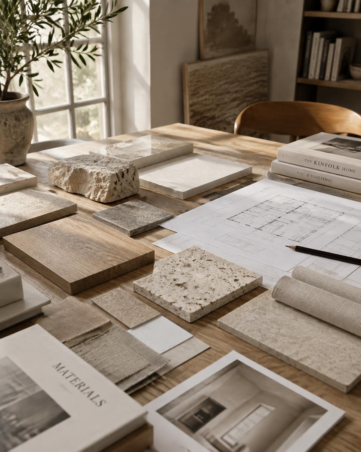 Studio table with oak, travertine and linen samples beside pencil floor plans
